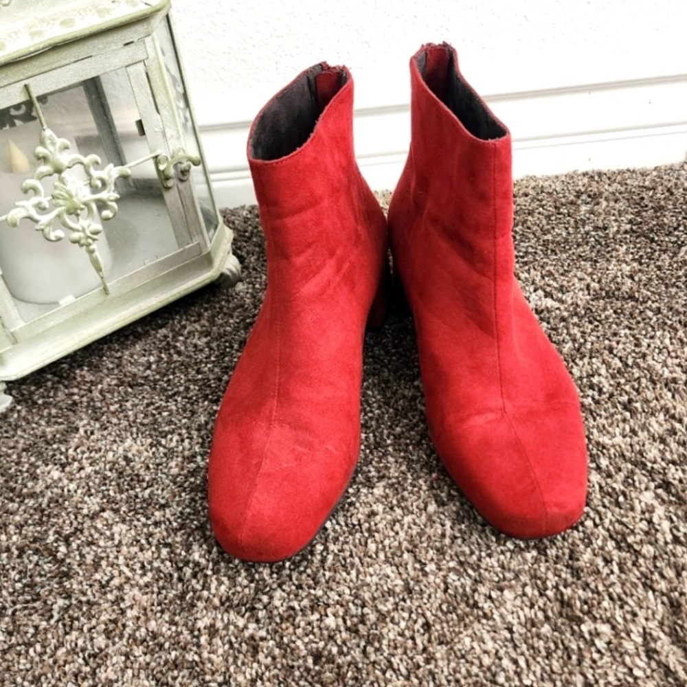 BCBGeneration Red Ankle Booties Sleek Suede Statement